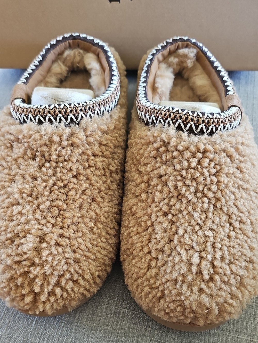 UGG Tan Sherpa Slip-On Mules with Braided Trim